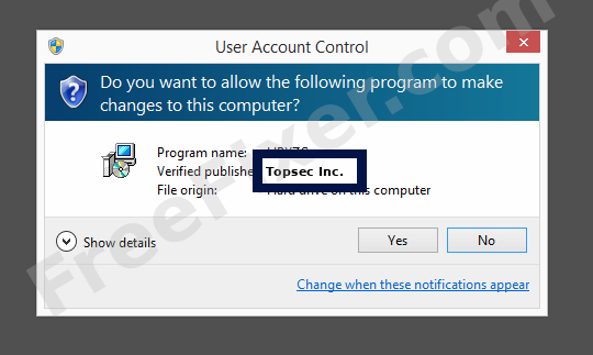 Screenshot where Topsec Inc. appears as the verified publisher in the UAC dialog